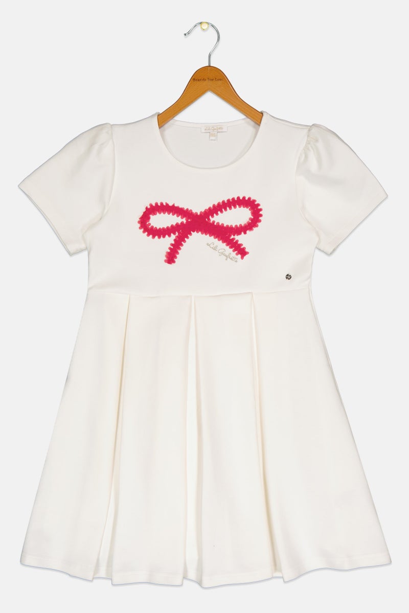 Lili Gaufrette Kids Girl Round Neck Short Sleeve Textured Dress, White - Image 2